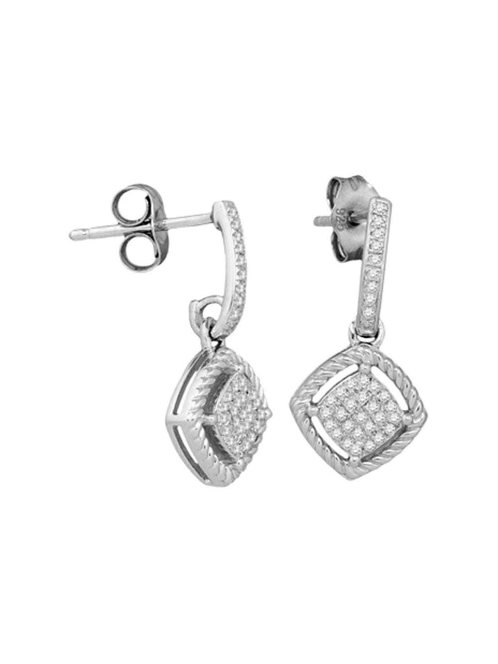 10K White Gold 12mm Rope Half-Hoop with 6mm Round White Topaz Martini Drop Earring with Silicone Back 