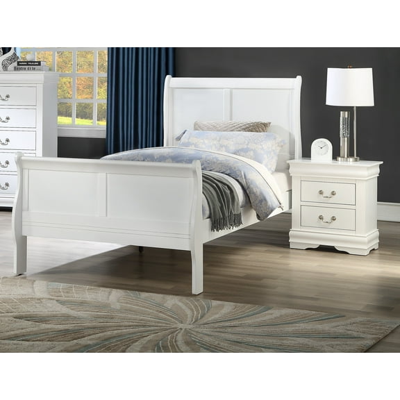 3pc Transitional Louis Philip Twin Panel Bed and Two Nightstand Set Sturdy Wooden Bedroom Furniture White Finish