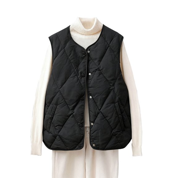 HTNBO Women's Lightweight Winter Vest Crewneck Button Up Splice Quilted Jacket Sleeveless Warm Fall Vest