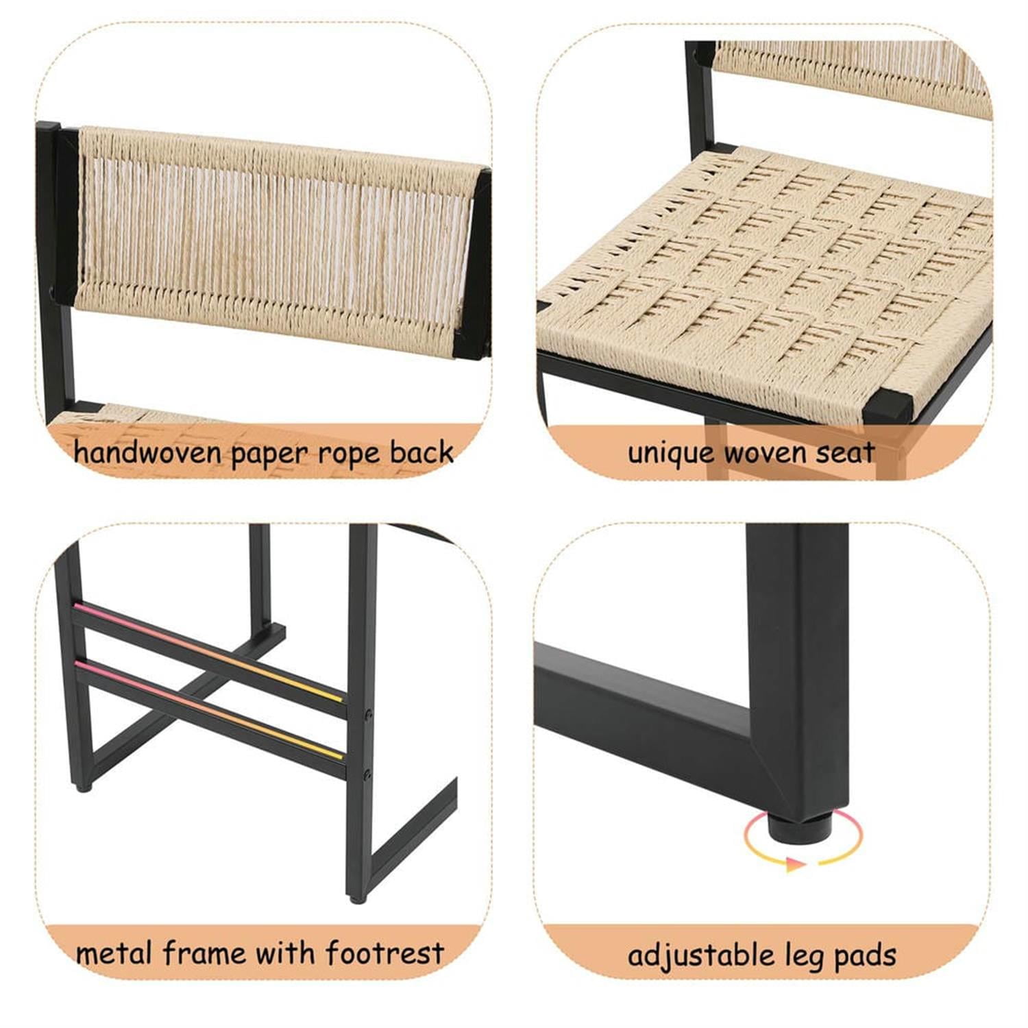 Demi Bonn 34" Counter Height Bar Stools Set of 2, Paper Rope Weave Barstools with Back, Armless Kitchen Island Countertop Chairs for Dining Room, White