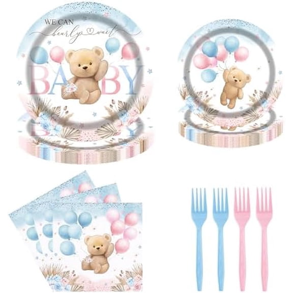 Boho Bear Gender Reveal Party Tableware Set 96 Pcs Pink or Blue Disposable Plates Napkins Forks We Can Bearly Wait Party Supplies Serve 24 Guests$$Home Decor, Kitchen, & Other