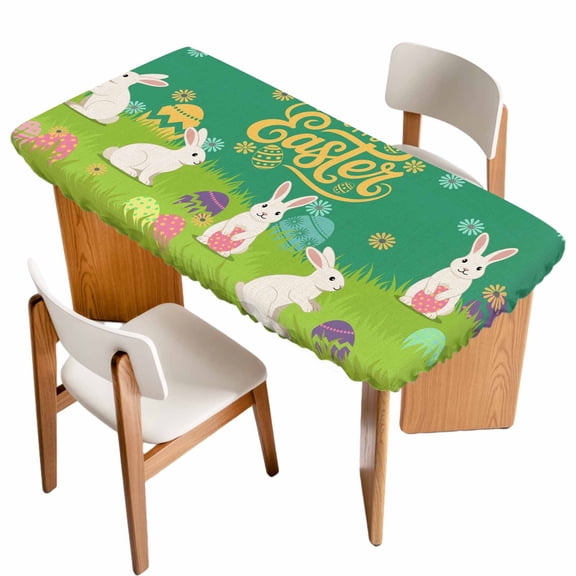 Happy Easter Table Cloths for 5 Foot Rectangle Tables, Rabbits Eggs Spring Daisy Floral Grass Green Patio Waterproof Elastic Fitted Tablecloths, Washable Rectangular Table Cover for Camping