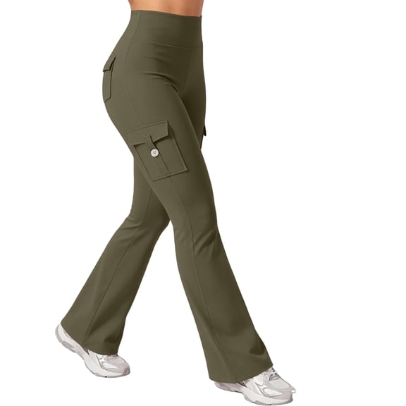 Dwellite Women Workout Flare Leggings with Pockets High Waisted Cargo Gym Yoga Leggings Army Green XL
