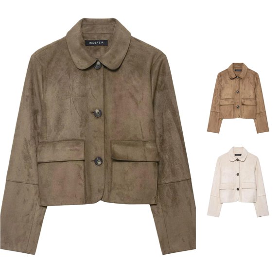 Unir Women Relaxed Peter Pan Collar Button Front Cropped Suede Jacket Long Sleeve Pocket Casual Daily Outer Coat 1PC XS-XL Plus Size Friendly