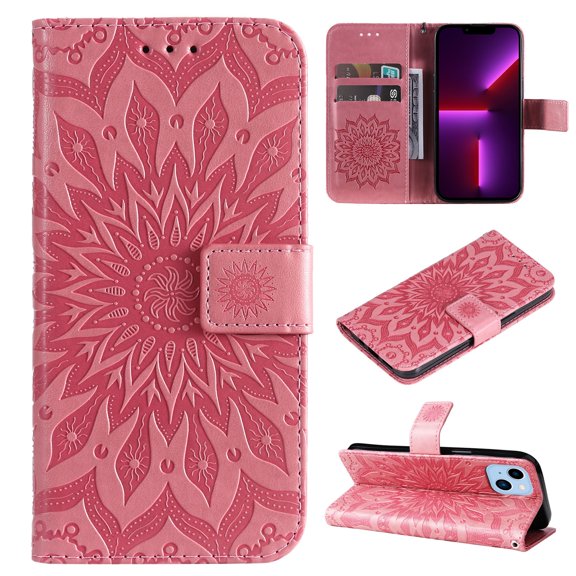 SaniMore for iPhone 14 Pro Case with Card Holder, Embossed Magnetic Wallet Soft TPU PU Leather Cover with Practical Bracket Detachable Hand Strap Shockproof Protective Shell, Pink