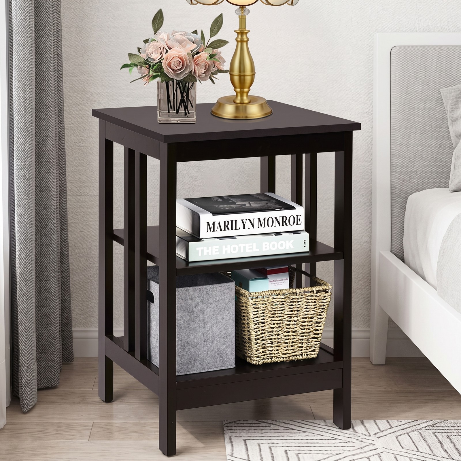 Furnibear 2 Pieces 3-Tier Nightstand, MDF Bedside End Side Table with Reinforced Bars, Open Shelf Storage Night Stand for Bedroom Living Room Entryway, Dark Brown