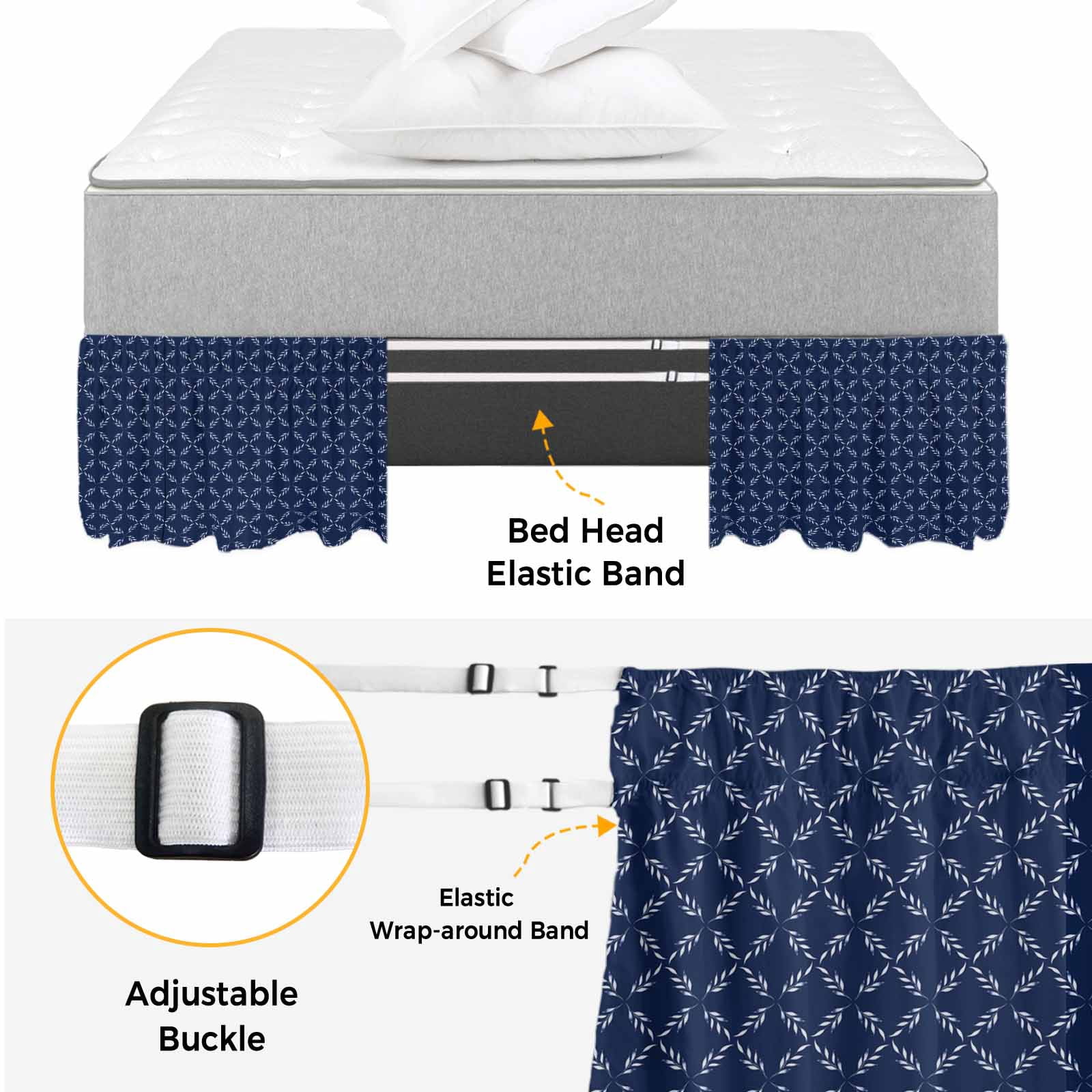 Navy Blue Bed Skirt Queen Size 18 Inch Drop, Adjustable & Elastic Wrap Around Bed Skirts Pleated Dust Ruffles For Twin Full Queen Cal King Base Beds, Geometric Leaf Diamond Plaid Abstract Check