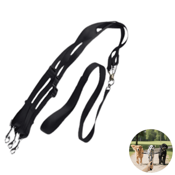 Black 3 Way Pet Leash, 1.0 in Wide Nylon Adjustable Dog Walking Lead for Three Canines, Heavy Duty Harness with Secure Chrome Hardware, Overall 56.7-66.9 in Length for Small Medium Large Pets