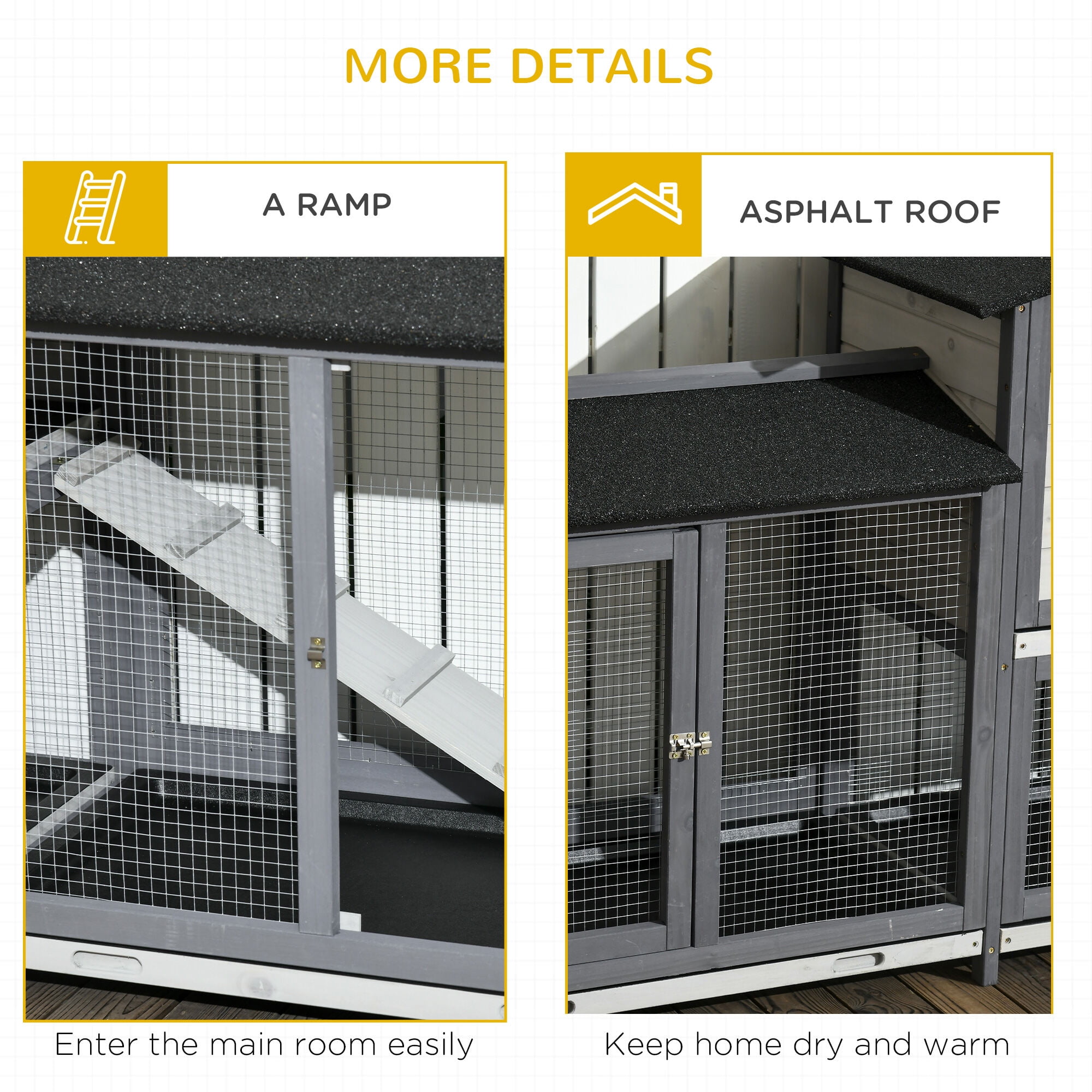 Dog Crate, PawHut 90.5" Wooden Rabbit Hutch Bunny Cage Pet Playpen House Enclosure with Double Side Run Boxes, No Leak Tray, Ramp, for Guinea Pig and Small Animals, Light Gray, Gray Pet Playpen