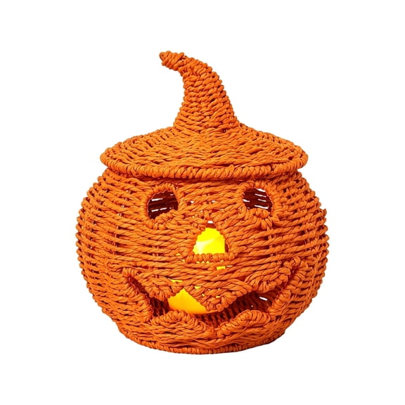 Halloween Woven Pumpkin Jack-O'-Lantern Tabletop Decoration with LED Light, Orange Straw Wicker Decorative Lighted Lantern for Holiday Home Accent, 6.9Inch, Orange