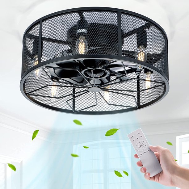 NookNova 18'' Black Farmhouse Caged Ceiling Fan with Lights and Remote, Flush Mount Low Profile