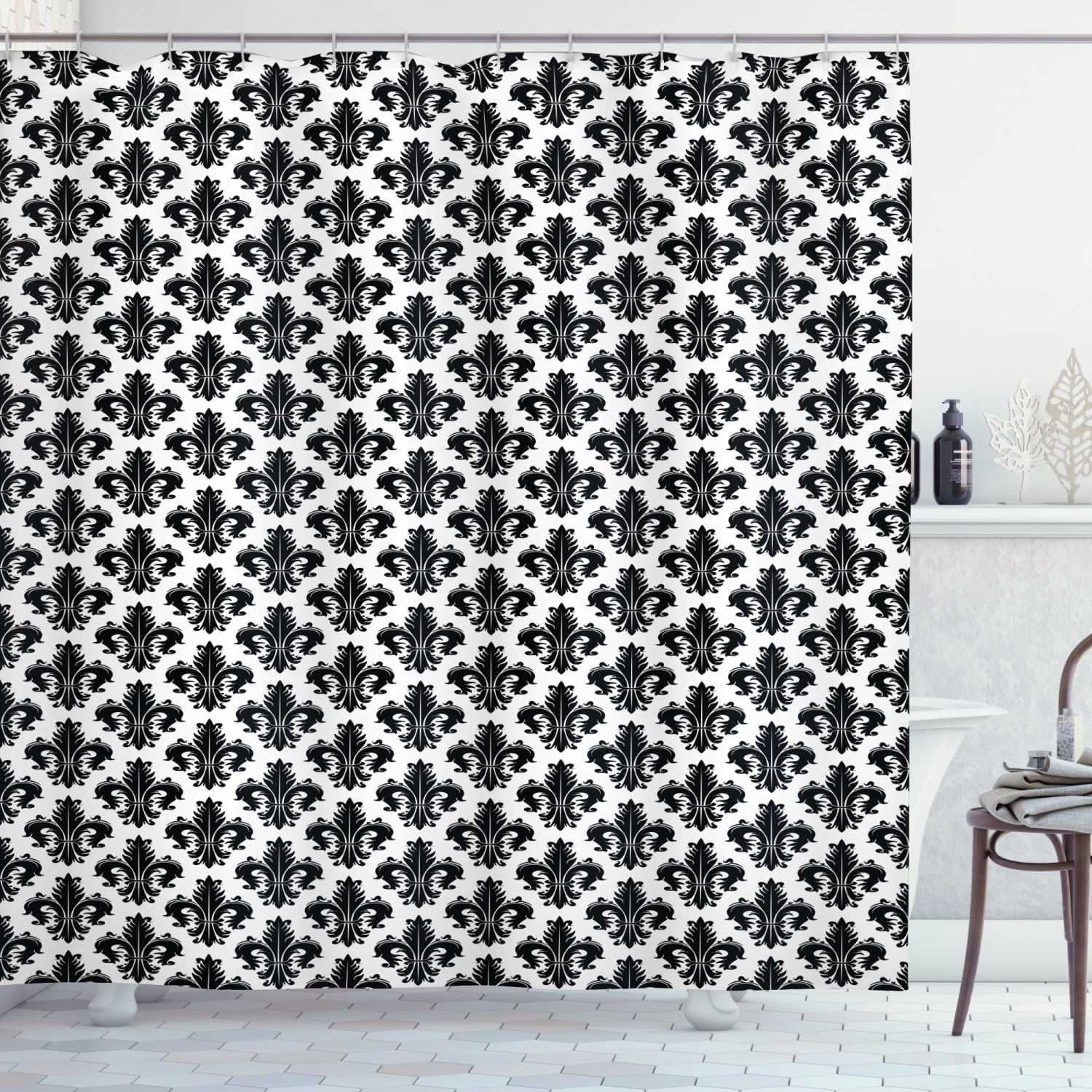 Fleur De Lis Shower Curtain, Monochrome Royal Lily Pattern Victorian