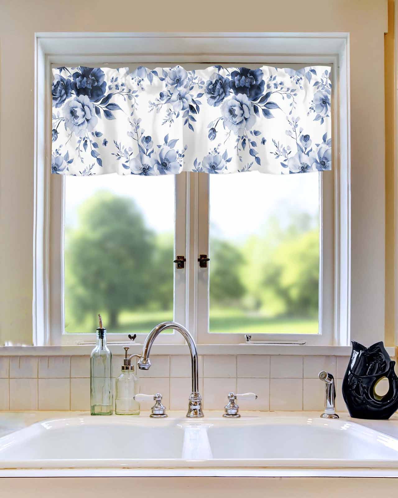 Booming Blue Gradient Floral Curtain Valances for Kitchen Windows,Rod Pocket Short Valance Watercolor Flowers on White Window Treatment for Living Room Bathroom Bedroom,54" x 18"-1 Panel