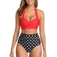 thumbnail image 1 of Traje de baño vintage para mujer, bikini retro de dos piezas con cuello halter fruncido y cintura alta, 1 of 6