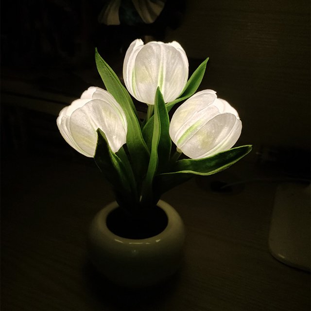Luz LED de noche con forma de tulipán para decoración del Ehuebsd hogar maceta de flores lámpara de mesa ambiente de dormitorio