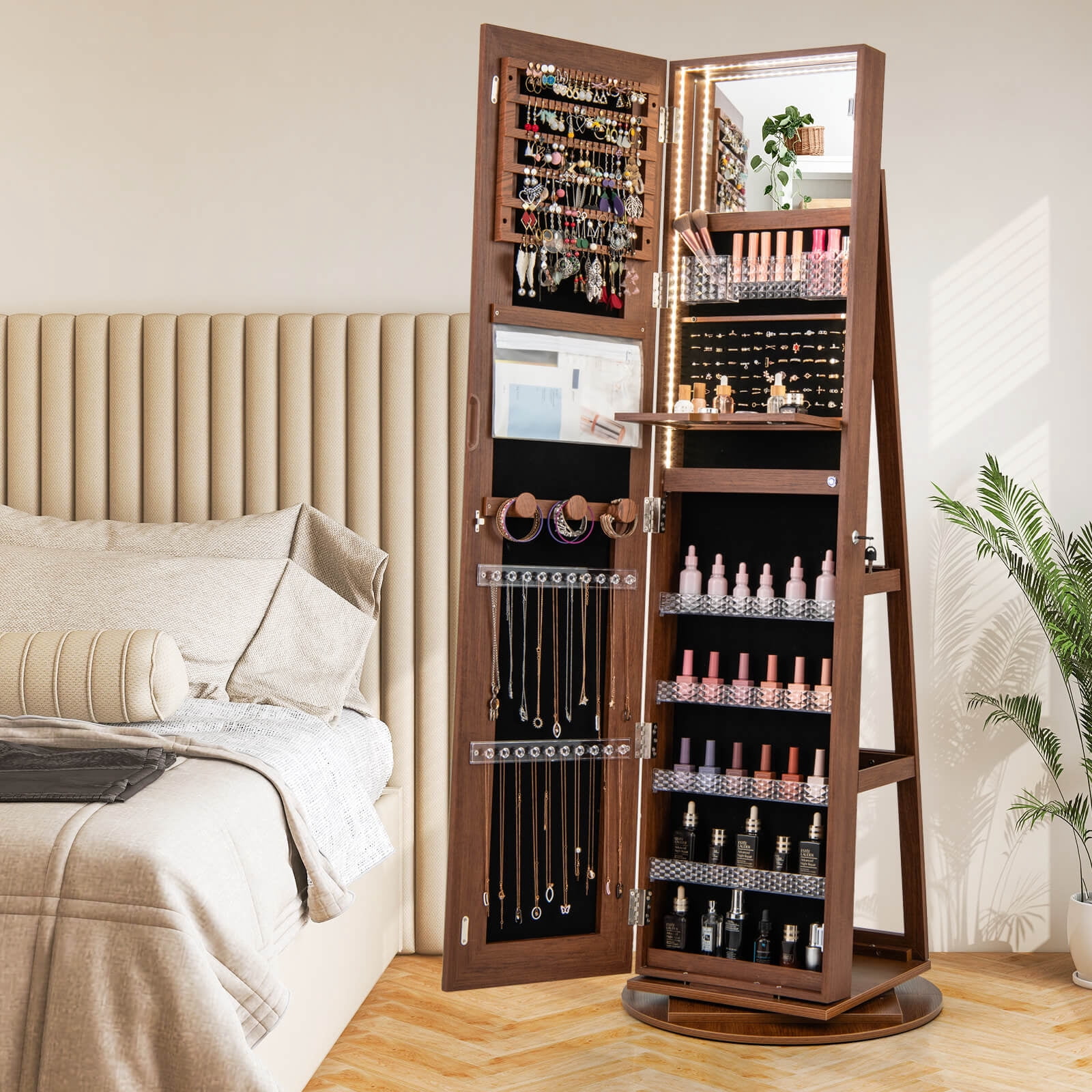 Costway 360° Swivel Jewelry Cabinet Organizer 3-Color LED Mirror with Built-in Lights Brown