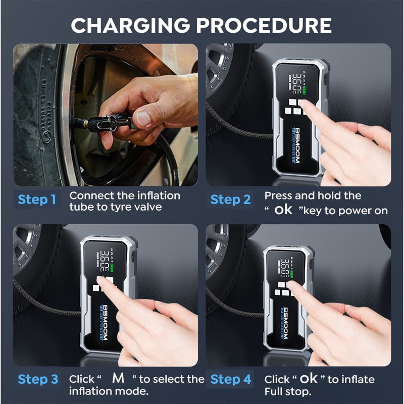 BSMOOM Jump Starter with Air Compressor 7000A 150PSI Portable Car Battery Jump Starter (All Gas/10L Diesel),12V Portable Booster Pack with Jumper Cables, Fast Charging, Emergency Light