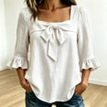 thumbnail image 2 of ZVAVZ Womens Bow Tie Square Neck Blouses Ruffle 3/4 Sleeve T-shirts Cotton Fashion Going Out Dressy Tee Shirts White S, 2 of 6