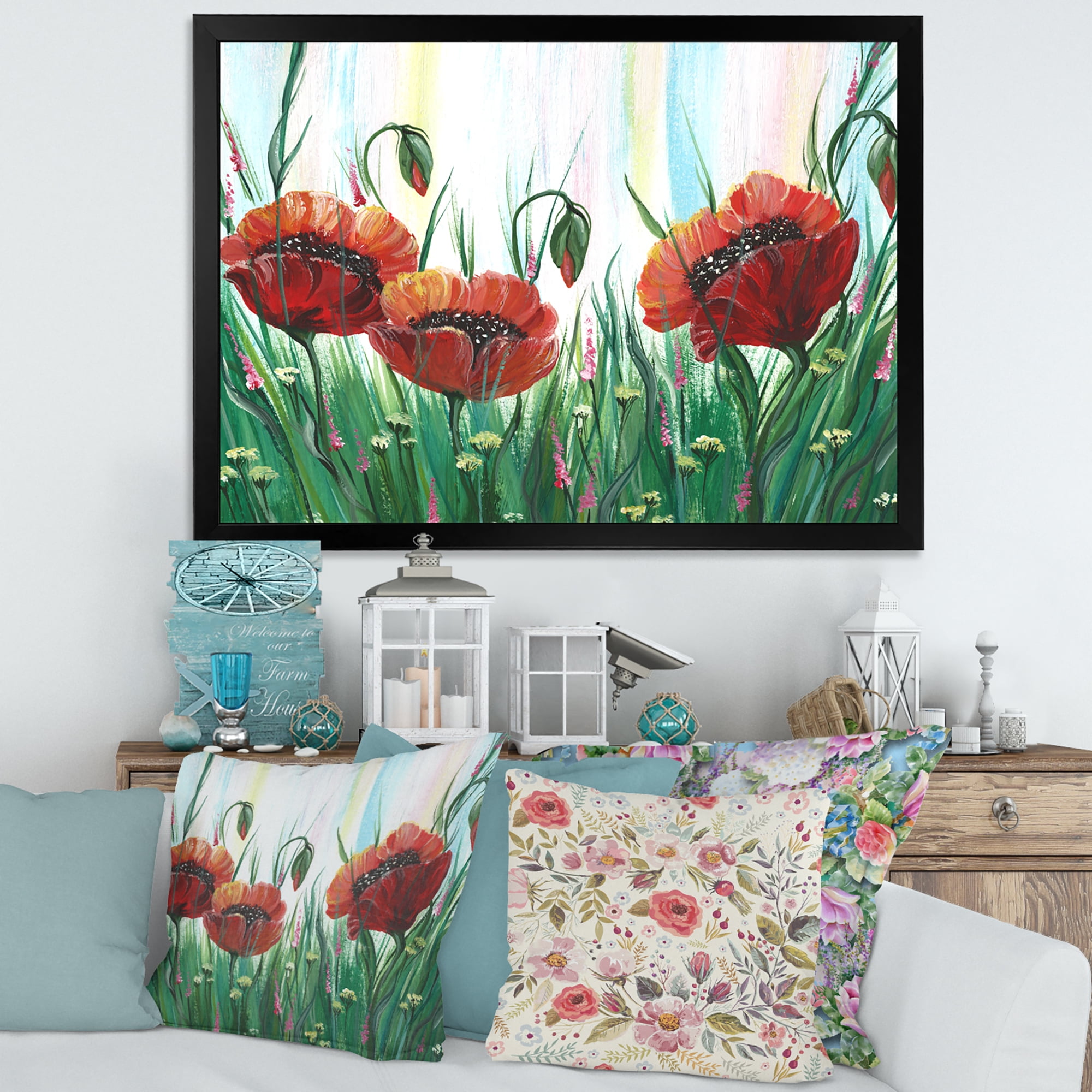 Designart 'Three Red Bright Poppy Flowers On A Green Meadow' Traditional Framed Art Print