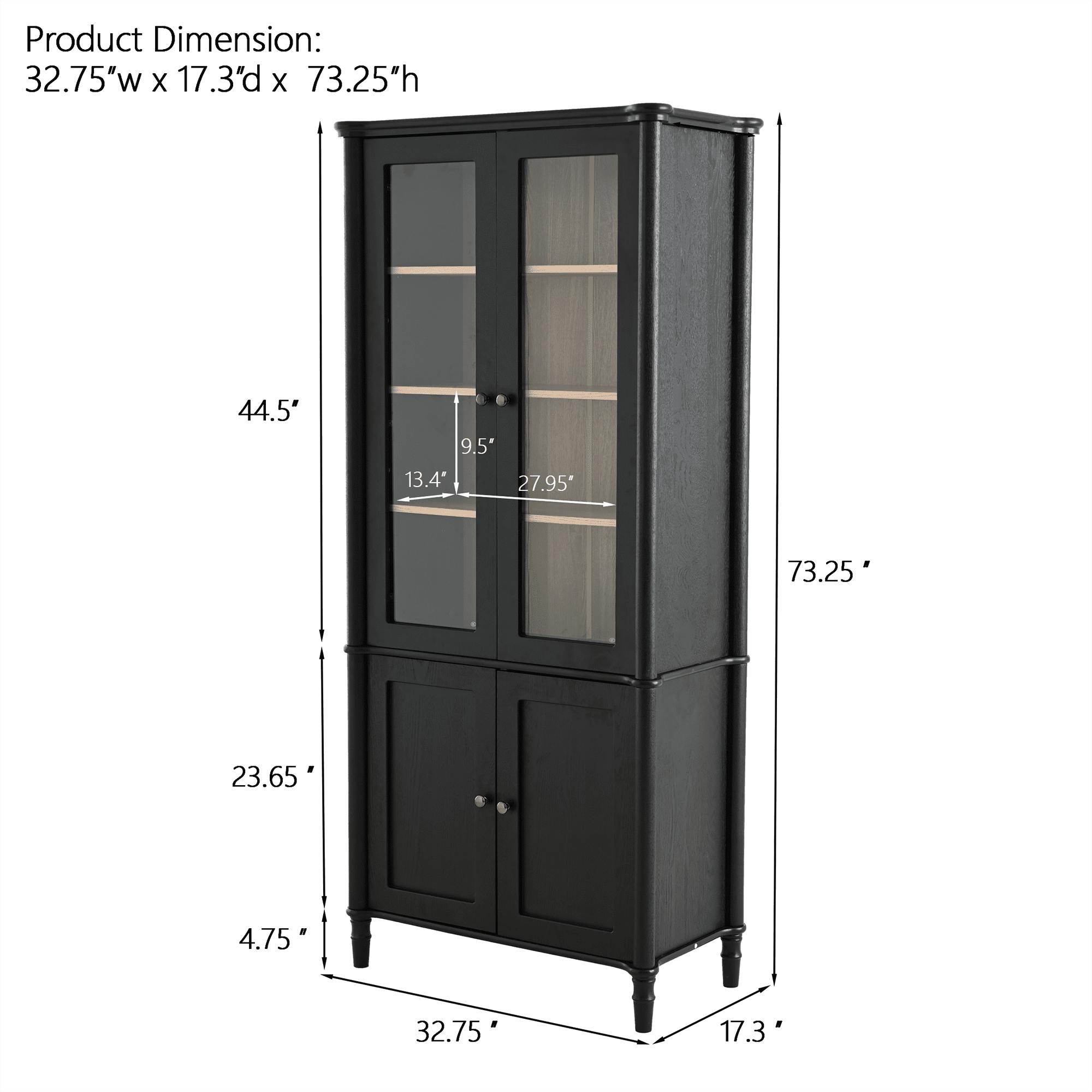 Euroco Vintage Display Cabinet with Storage Mid‑Century Modern Curio Cabinet Glass Doors 4 Adjustable Shelves Black Natural Two‑Tone 73.25 inch H