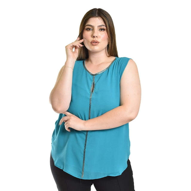 Blusa sin manga con detalle metalico Roman Fashion /Tallas Extras, 8006 (Azul claro) azul 42