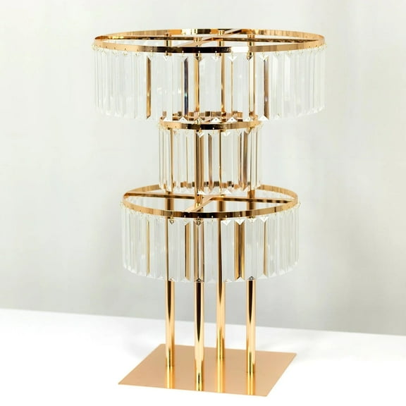 Balsa Circle 3-Tier Gold 27" Metal Chandelier Flower Stand with Clear Acrylic Crystals Party Wedding Reception Event Centerpieces