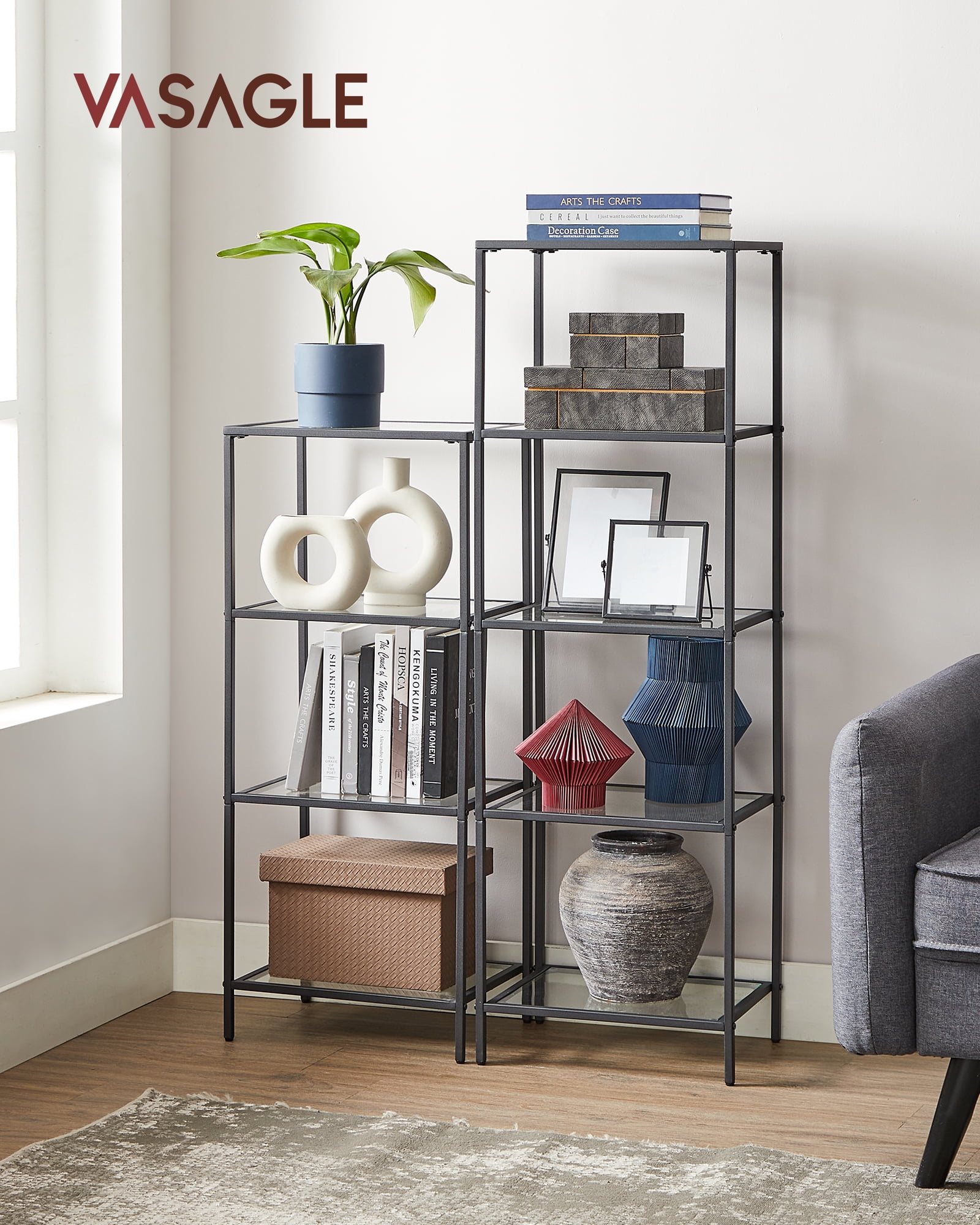 5-Tier Slim Bookshelf with Tempered Glass Shelves, Gold Steel Frame Narrow Shelving Unit, for Office Bathroom Bedroom, Ink Black