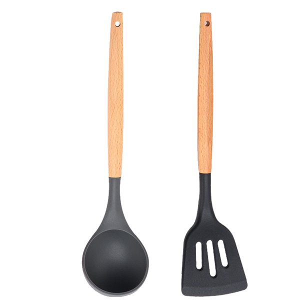 Juego de 2 utensilios de cocina de madera y silicona, juego de utensilios de cocina antiadherentes y resistentes al calor, utensilios de cocina