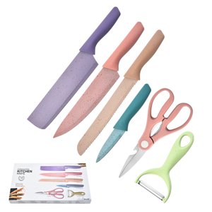 6pcs Couteaux en acier inoxydable Set avec revêtement Poignée de paille de blé Couteau de cuisine tout usage avec ciseau Peeler 1.0 Boîte cadeau d'épaisseur