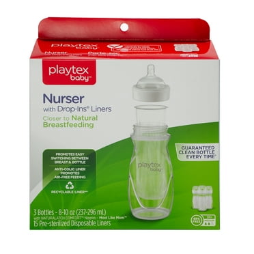 Playtex Baby Nurser Clear Anti-Colic Baby Bottle 3 Pack Each, 8 oz with 15 Drop-ins Liners