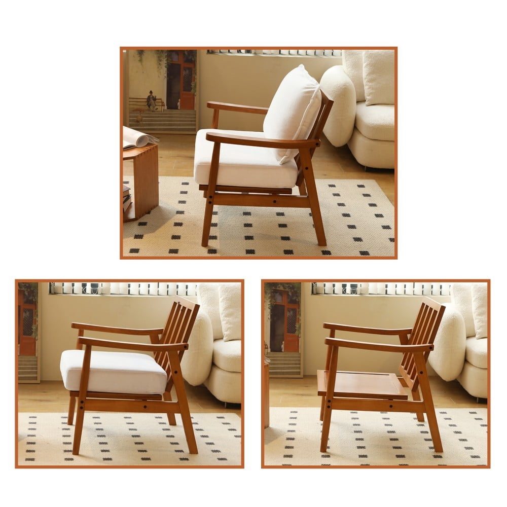 Accent Chair, Modern Upholstered Armchair with Soft Fabric Cushion & Solid Wood Legs, Cozy Reading Chair for Living Room, Bedroom & Apartment, White & Light Brown