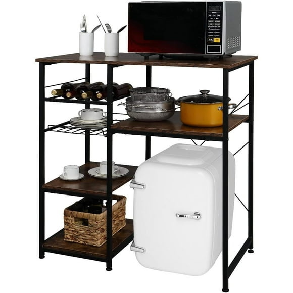 VINGLI Bakers Racks for Kitchens with Storage Mini Fridge Stand Bar Cabinet with Mini Fridge Space, Big Drawer, Wine Rack, Metal Frame Industrial Workstation Microwave Oven Stand 4-Tiers