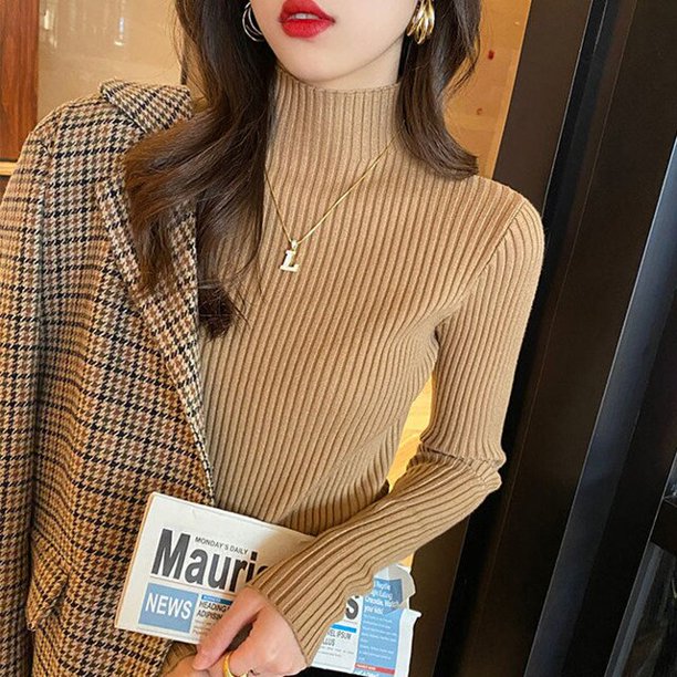 PIKADINGNIS Ribbed Long Sleeve Turtleneck Sweaters Women Winter