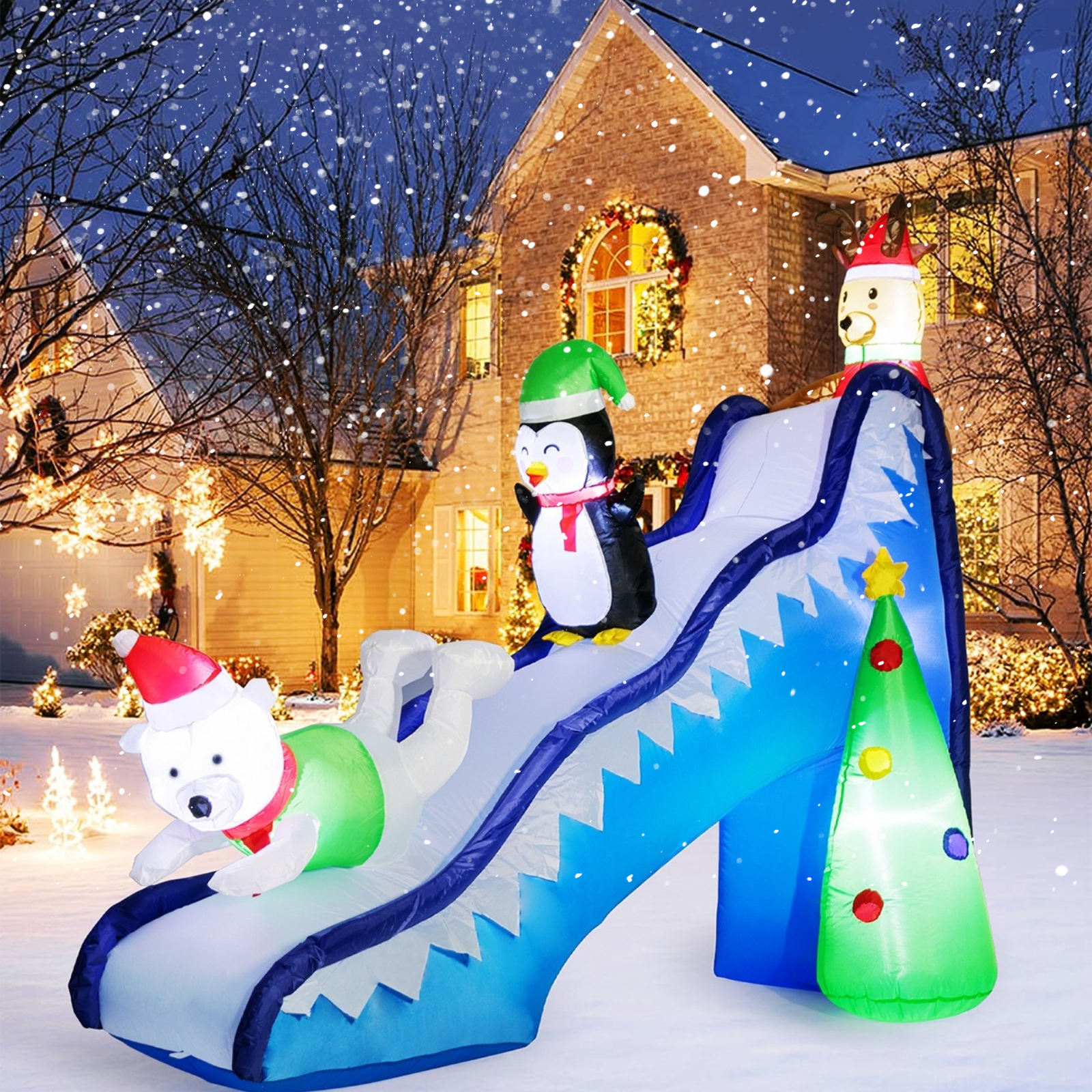 9FT Christmas Inflatable Car Decor With LED Lights - Santa, Penguins & Elves Holiday Yard Decoration