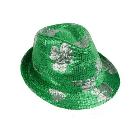 Saint Patrick's Day Green Sequin Shamrock Fedora Hat Costume Accessory