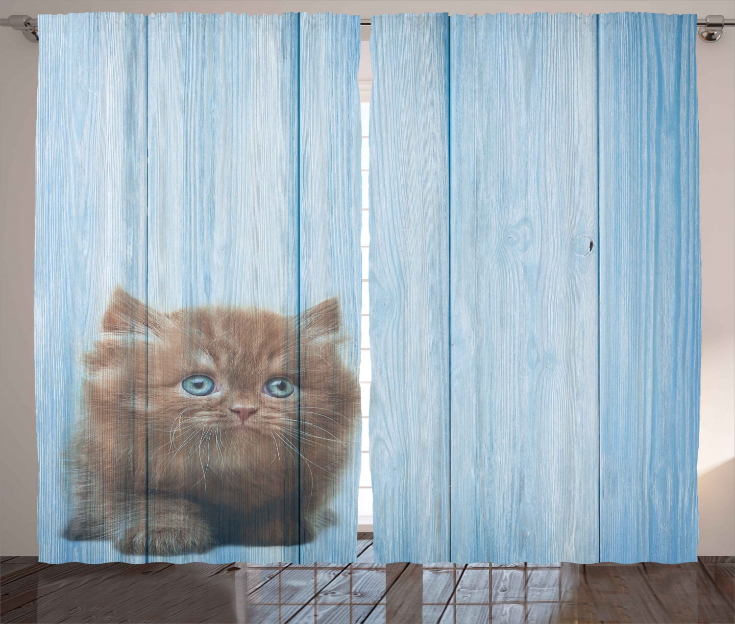 Animal Decor Curtains 2 Panels Set Cute Kitty Alone On Rustic Vivid Background Kids Childish Artsy Print Photo Window Drapes For Living Room Bedroom 108w X 90l Inches Caramel Blue By Ambesonne