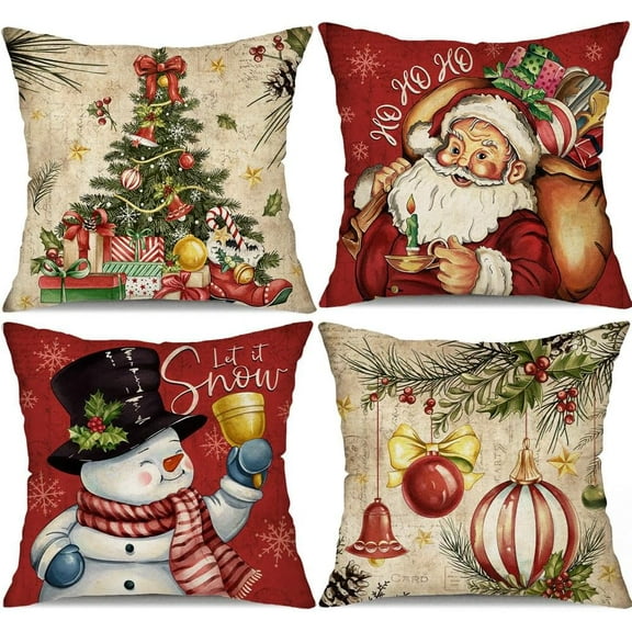 Christmas Pillow Covers 18x18 inch Set of 4 Christmas Tree Gift Ball Decorative Vintage Throw Pillow Covers Winter Retro Christmas Decoration for Home Couch SDJY-011A18