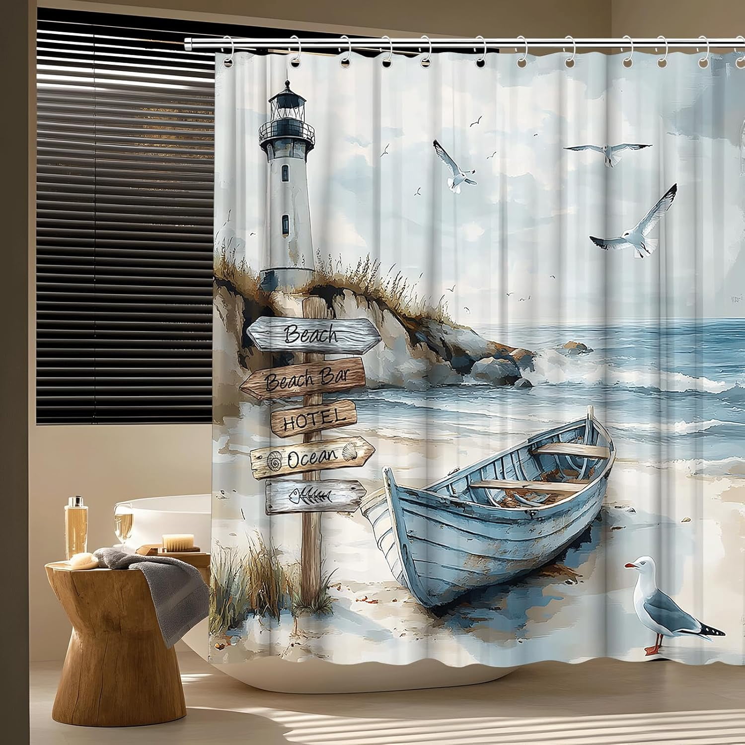 Nautical Coastal Shower Curtain Ocean Beach Lighthouse Seasides Sailboat Seagull Wild Grass Sea Waves Watercolor Seascape Bath Curtain Fabric Bathroom Accessories Decor with Hooks 72"W x 72"L