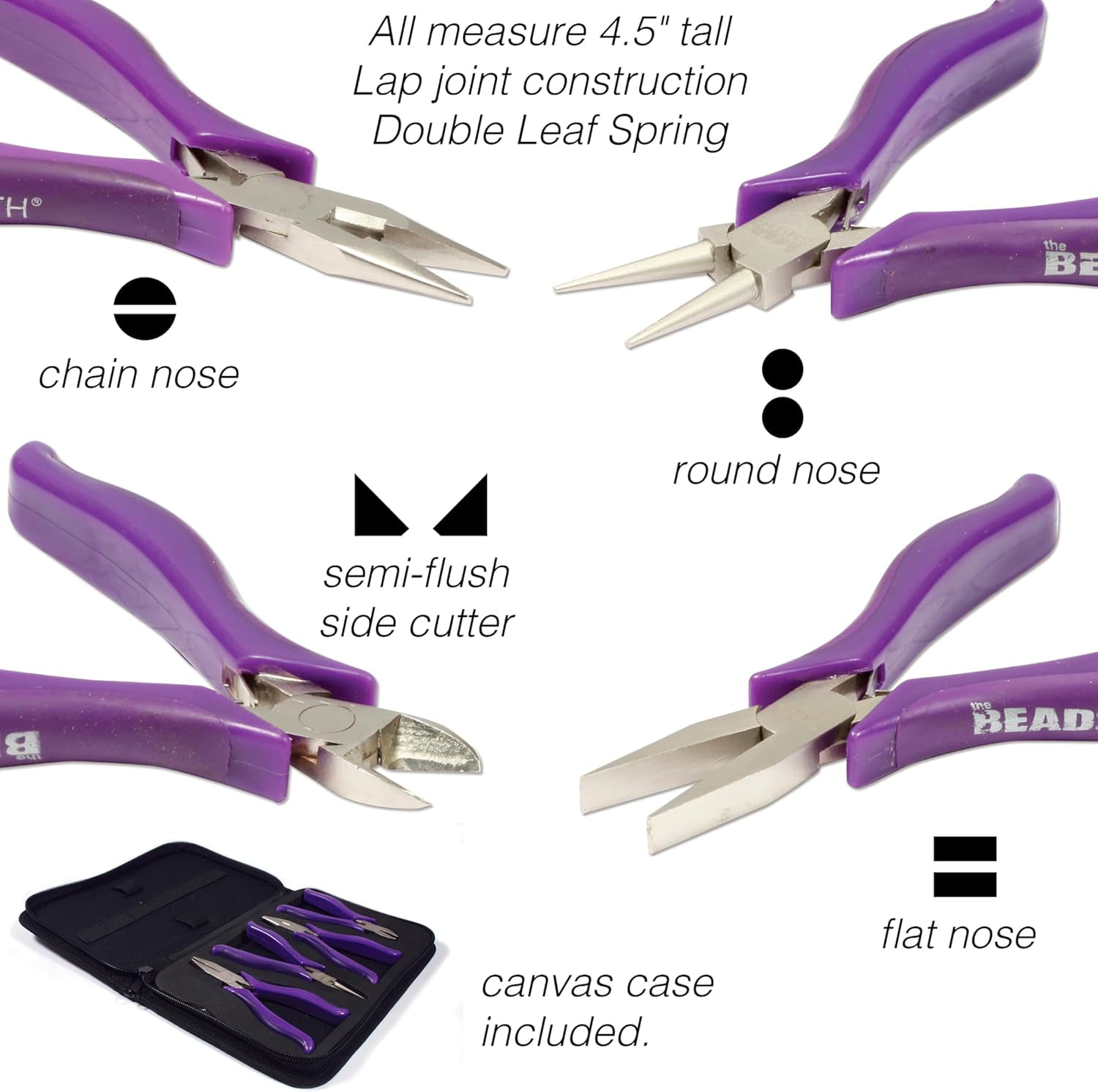 The Beadsmith La Femme 4-Piece Jewelry Plier Set – 4.5" Tools for Smaller Hands, Includes Chain Nose, Round Nose, Flat Nose & Cutter with Zippered Case