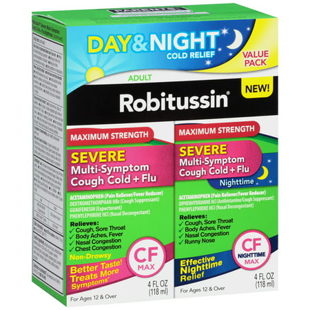 Robitussin Force maximale sévère contre la toux Multi-Symptom froide + grippe Day & Night Pack, 2-8 oz fl Bouteilles