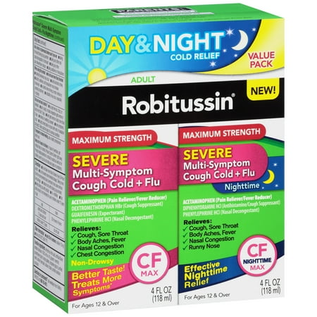 Robitussin Severe Multi-Symptom Cough Cold and Flu Day/Night Value Pack, 4 fl oz, 2 (Best Over The Counter For Cough And Congestion)