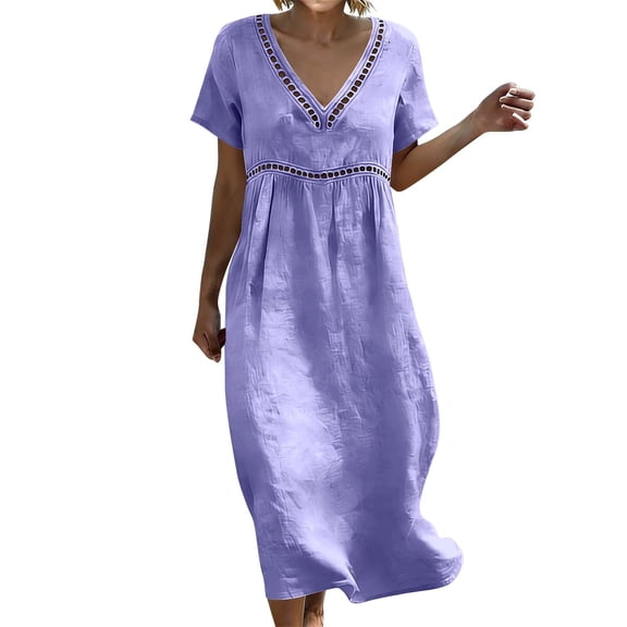 LIaqionyy Womens Cotton Linen Dresses Short Sleeve Casual Loose Summer V Neck A Line Beach Boho Maxi Dress