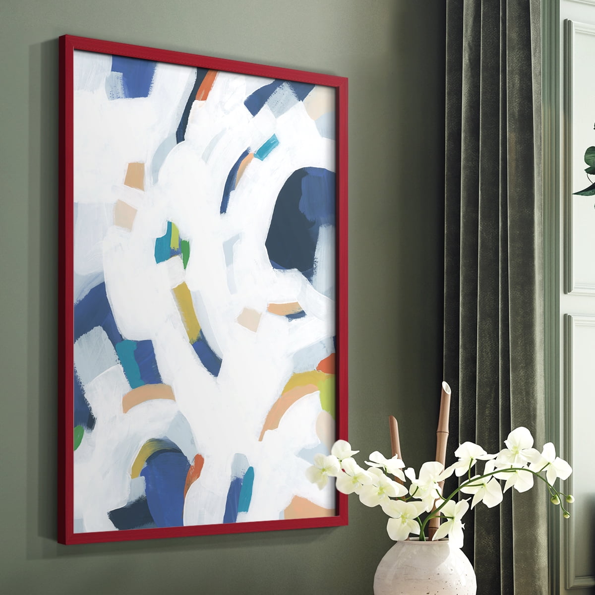 Bright Orbit II Framed Print in Red Solid Wood Framed Print No Nail Hanging