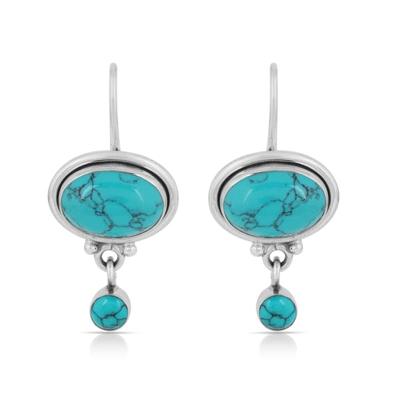 Natural Turquoise Oval & Round Dangle Earrings in 925 Sterling Silver – Handmade Blue Gemstone Drop Earrings, Jewelry Gift for Women