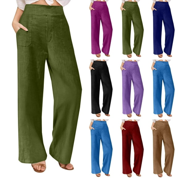 lcziwo Linen Pants for Women Dress Work Pants Solid Casual Straight Wide Leg Pants Trendy Summer Palazzo Pants with Pockets Big Sales Today Red M