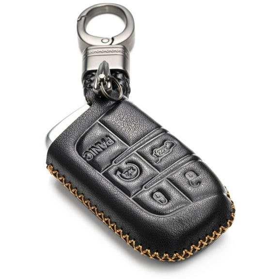Vitodeco Genuine Leather Smart Key Keyless Remote Entry Fob Case Cover with Key Chain Clip for JEEP, Dodge, Chrysler (5 Buttons, Black)