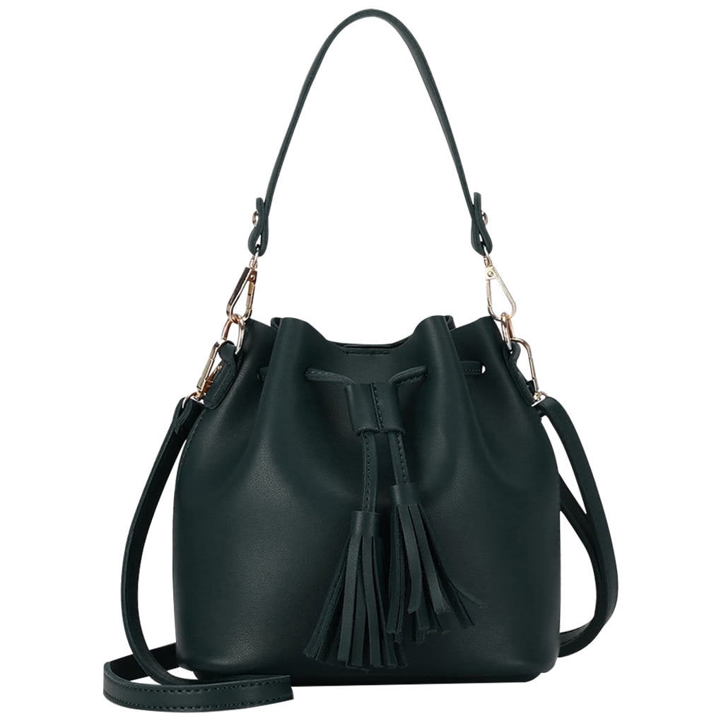 Bucket Bag Faux Leather Tassel Drawstring Crossbody Pouch Women Solid