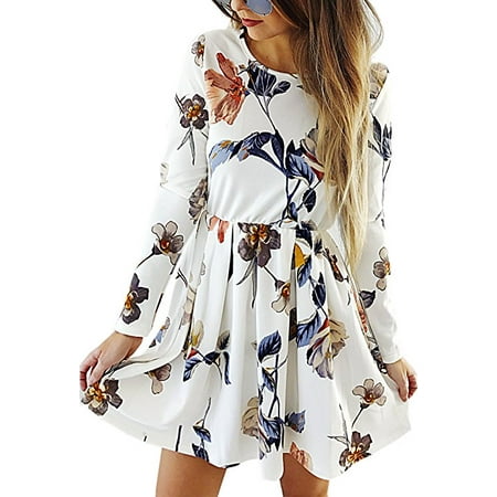 Womens Dresses Casual Floral Print Long Sleeve Swing Pleated Skater A Line Mini Dress