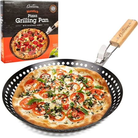 

Pizza Grill Pan (12 ) w Removable Handle- Perforated Non-stick Grilling Dish w Air Holes for Extra Crispy Crust- Extra High Walls Keep Food Inside - Removable Handle to Easily Close BBQ Grill Grate