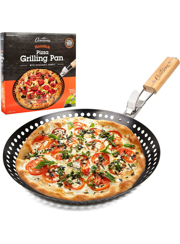 Pizza Grill Pan (12") w Removable Handle- Perforated Non-stick Grilling Dish w Air Holes for Extra Crispy Crust- Extra High Walls Keep Food Inside - Removable Handle to Easily Close BBQ Grill Grate